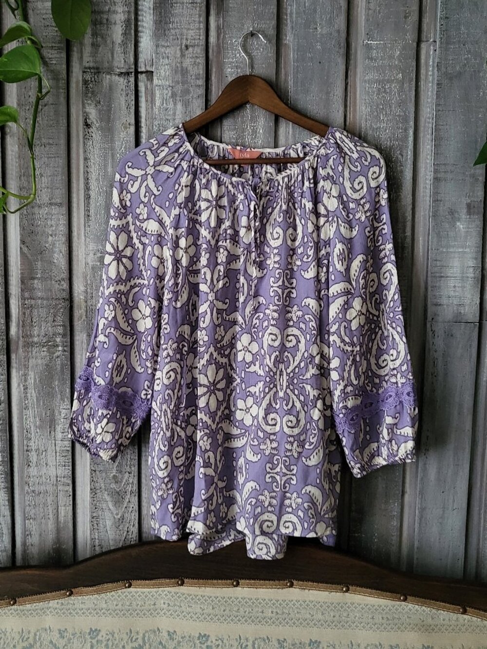 Boho Purple Paisley Blouse XL Recycled Rayon Peasant Top NWOT